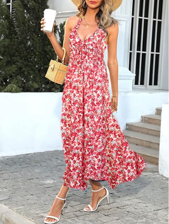 Floral V -Neck Sleeveless Summer Dress